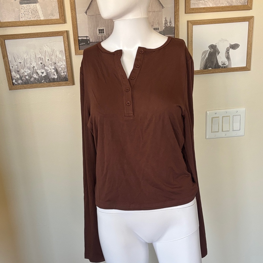 Prettygarden Chocolate Brown Long Sleeve Henley Top
